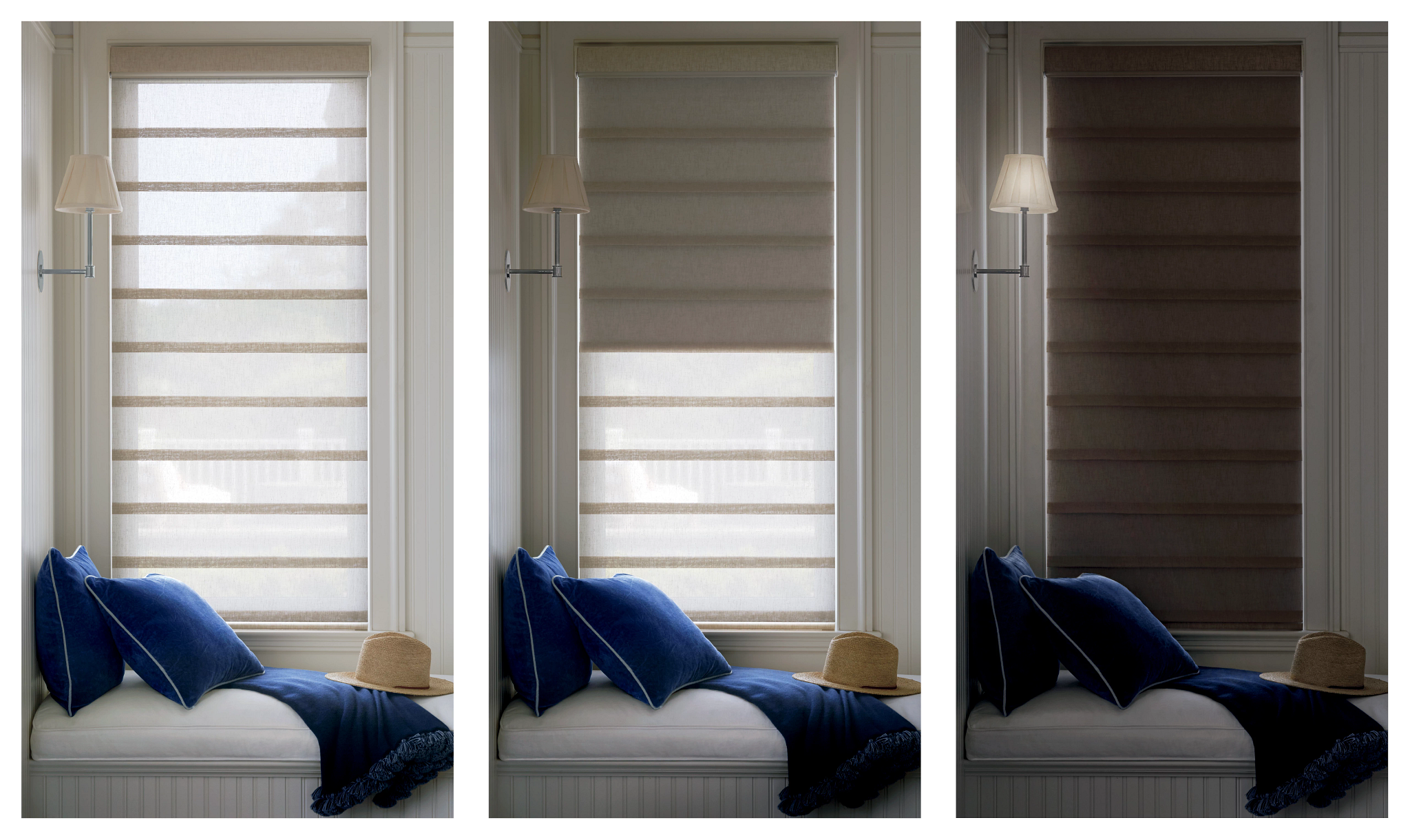 <span class="uk-h4">Bedroom window shades shown open, partly closed and fully closed to compare light control.</span>