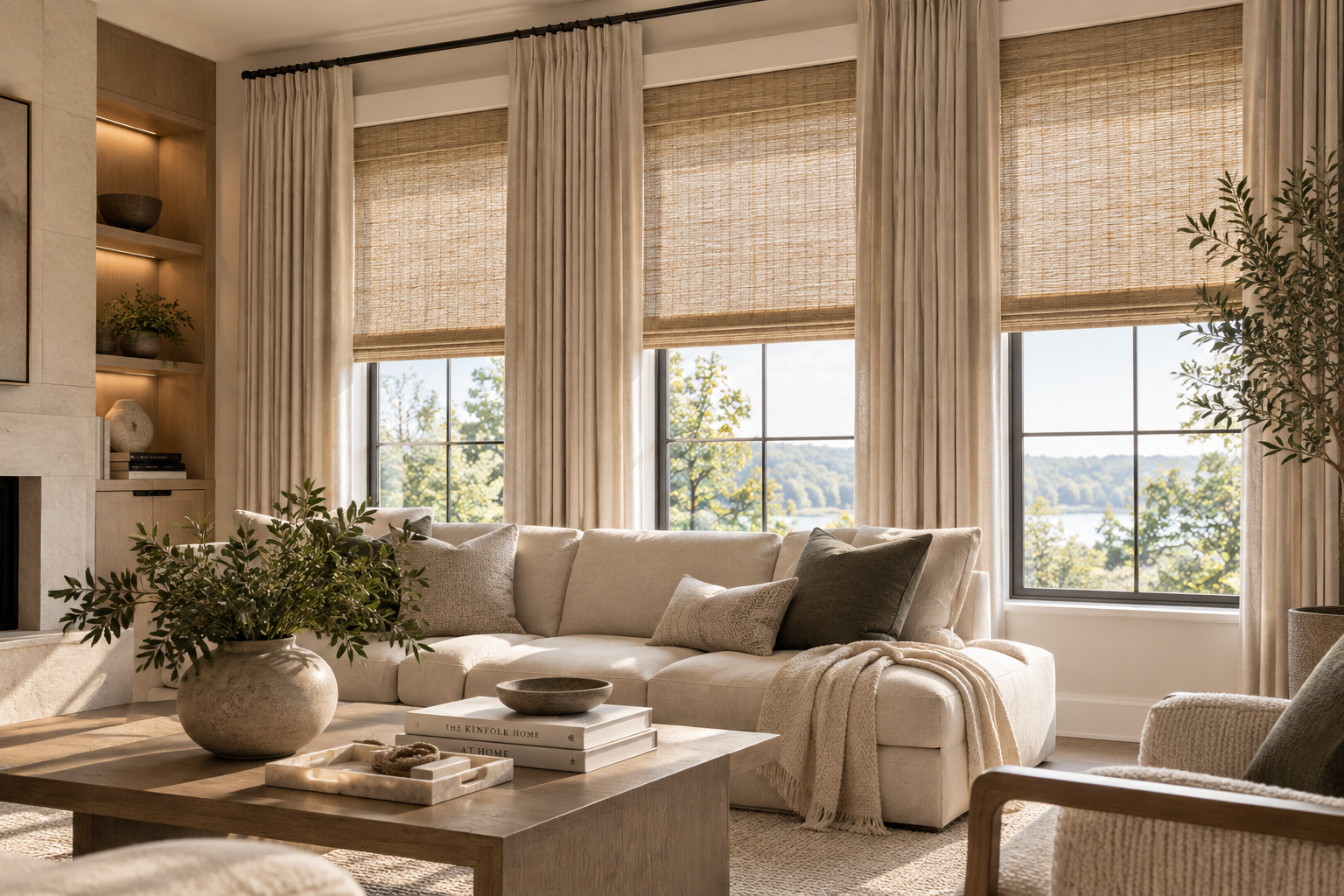 Layered woven shades and drapery in a warm contemporary living room