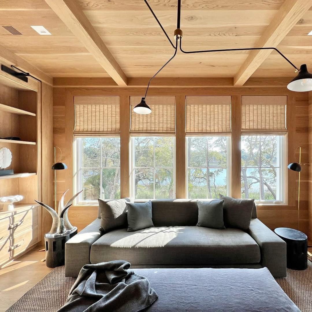 Natural woven window shades in a contemporary Pittsburgh living room
